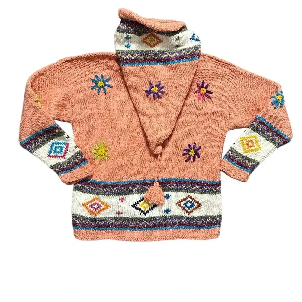 Handmade Vintage Colorful Knit 100% Wool Hooded Cardigan